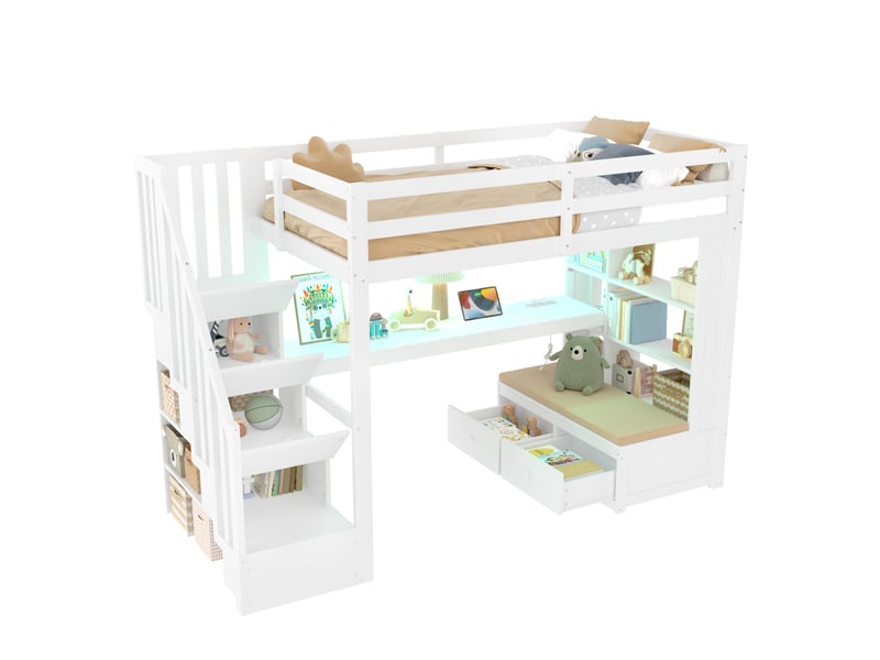  Lit mezzanine 90x200 cm blanc avec bureau, étagères, 2 tiroirs, escalier de rangement et led, sans matelas  - Conforama A