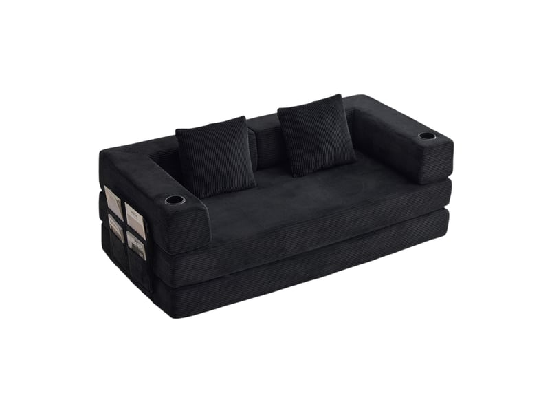 Canapé convertible au sol 2 places pliable avec porte-gobelets et poches latérales en velours côtelé noir - Conforama A