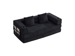 Canapé convertible au sol 2 places pliable avec porte-gobelets et poches latérales en velours côtelé noir