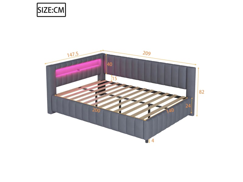  Lit 2 places 140x200 cm – gris – cadre capitonné en velours avec led multicolore et port usb, sans matelas  - Conforama C