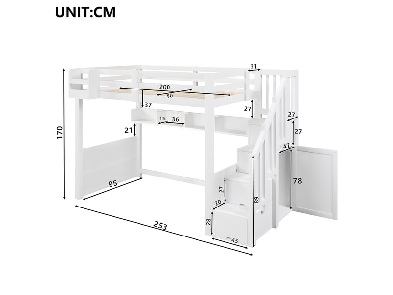  Lit mezzanine 90x200 cm – avec escalier rangement led et 4 compartiments – pin massif et mdf – blanc CozyNest - Conforama C