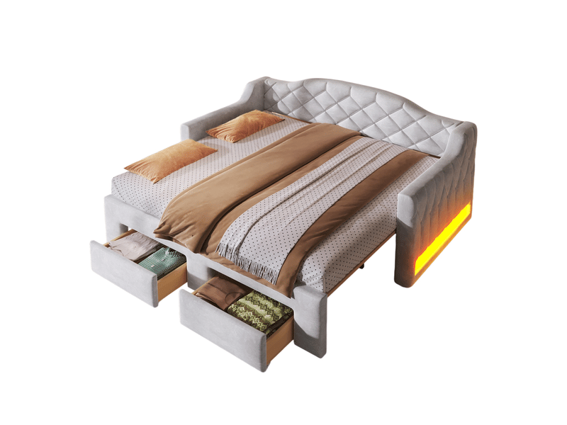  Lit banquette gigogne 90x200 à 180x200cm, led, lit enfant, tiroirs de rangement, tête de lit, velours gris sans matelas  - Conforama A