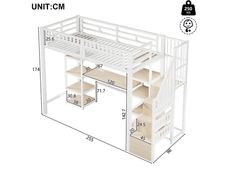  Lit mezzanine 90x200 cm avec bureau, led et rangement coloris blanc  - Conforama C