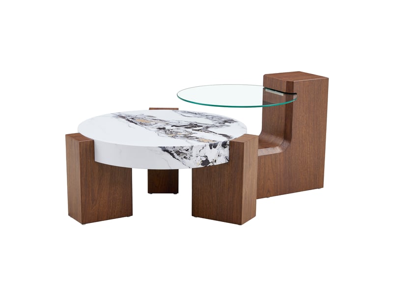  Table basse carré 61×61×30 cm, mdf et verre, blanc et noyer Fay Lum - Conforama A