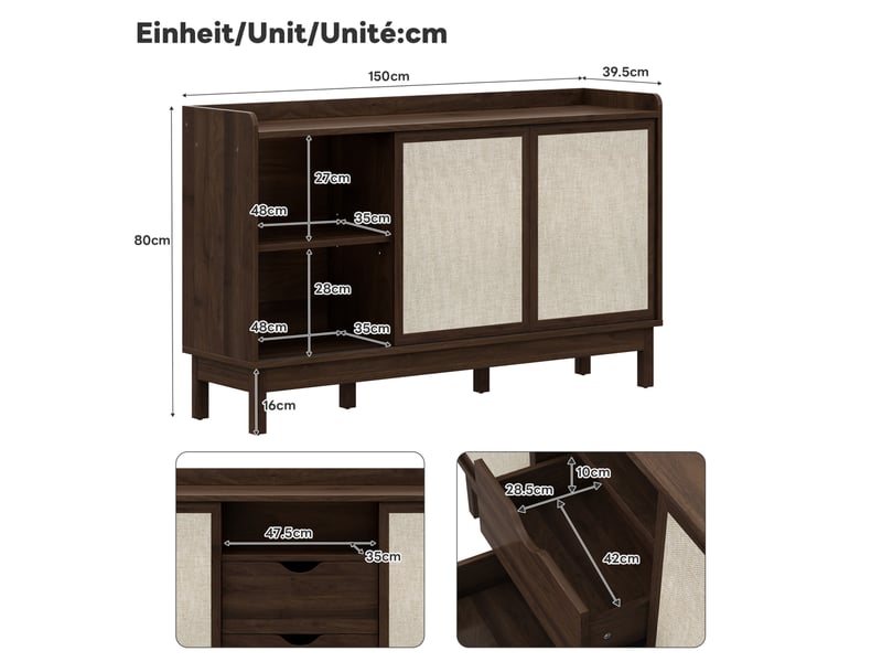 Buffet bas ulevr avec portes coulissantes, 2 tiroirs et rangements ouverts, 150 x 39,5 x 80 cm, panneaux de particules naturel - Conforama C