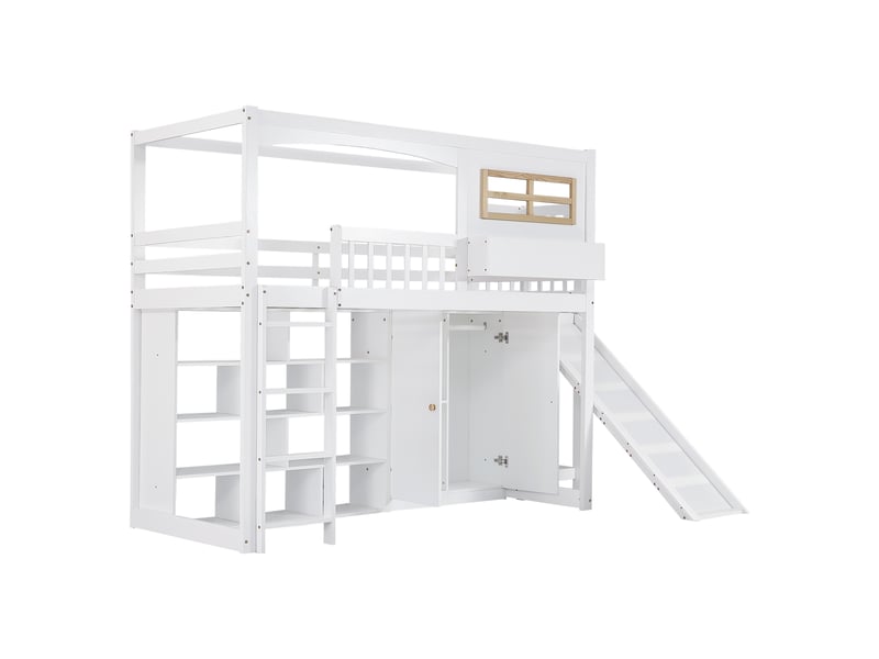  Lit superposé pour enfant, avec barrière de sécurité, toboggan et penderie, nombreux rangements, échelle à quatre marches, pin, mdf et contreplaqué, blanc, 90 x 200 cm  - Conforama E