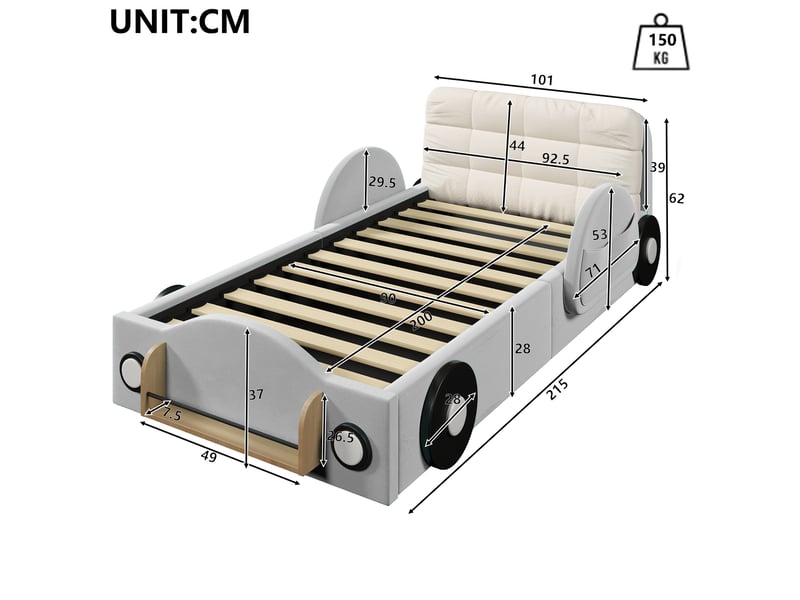 Lit enfant rembourré 90 x 200 cm avec coffre hydraulique, poches et étagère, flanelle, gris CozyNest - Conforama C