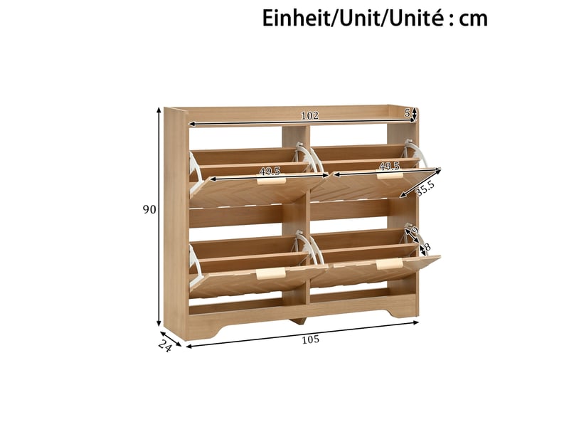  Meuble à chaussures design 3d 105x24x90 cm - 4 compartiments rabattables avec fermeture silencieuse - large plateau supérieur - naturel ABC - Conforama C