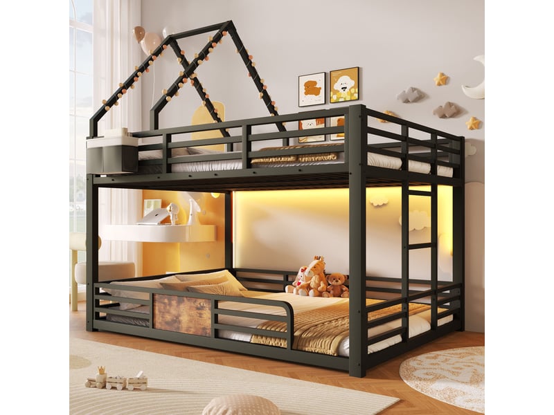  Lit mezzanine en métal 140x200 cm - avec led, poches de rangement en tissu - avec barrières de sécurité - noir (sans matelas)  - Conforama E
