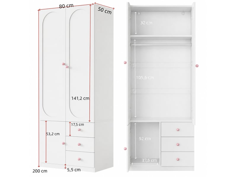 Armoire penderie enfant 80 x 50 x 200 cm blanche en mdf, 2 portes, 3 tiroirs et barre de penderie intégrée  - Conforama C