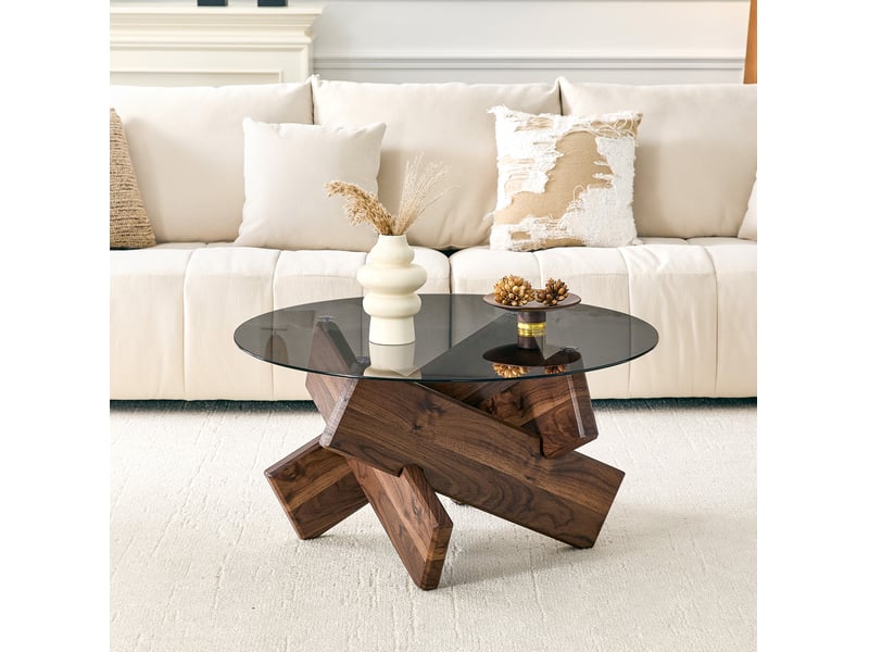  Table basse ronde avec plateau en verre trempé et piètement géométrique en mdf pour salon, noyer, ø 79 × 45 cm  - Conforama D