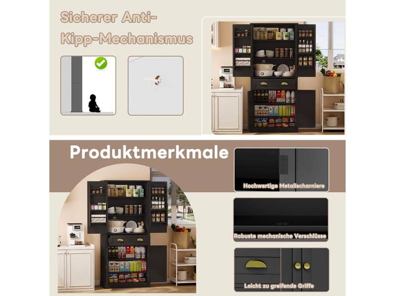 Buffet haut noir 80 × 40 × 182 cm, 4 portes, 1 tiroir, étagères réglables, dispositif anti-basculement - Conforama D