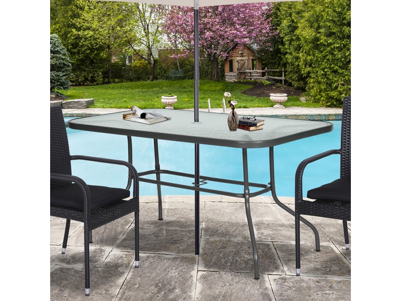 Table de jardin avec trou pour parasol, mobilier d'extérieur en métal et verre 140 x 80 x 70 cm, gris - Conforama D