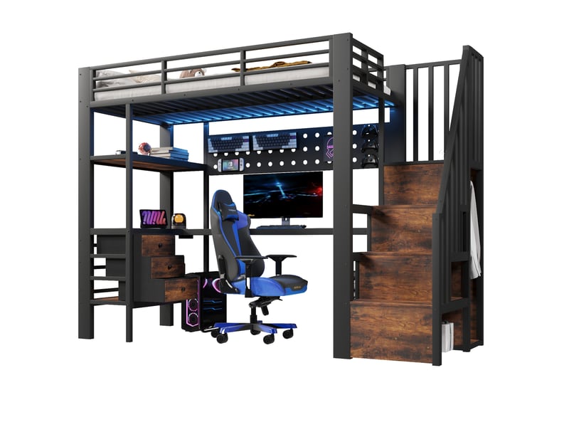  Modenvie lit mezzanine 90x200 cm - avec bureau, rangements et led, sans matelas - noir  - Conforama A