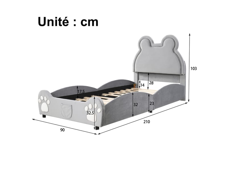 Lit simple pour enfant 90x200 cm - lit en forme d'ours avec sommier à lattes - velours + métal + contreplaqué - sans matelas - gris - Conforama C