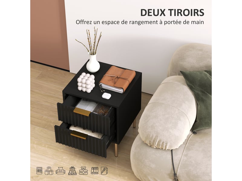  Table de chevet, table de nuit cannelée avec 2 tiroirs et pieds en acier, pour chambre à coucher, noir, salon  - Conforama E