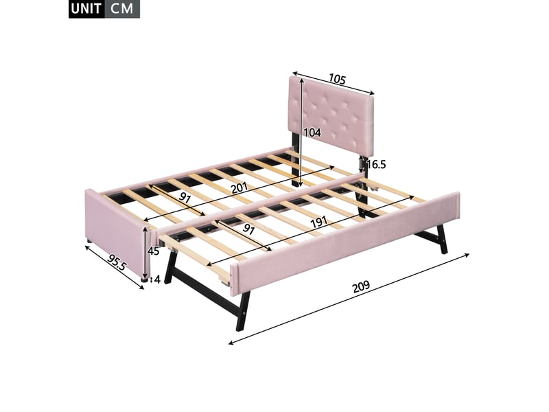  Lit gigogne 90x200 cm avec lit d’appoint coulissant rose  - Conforama E