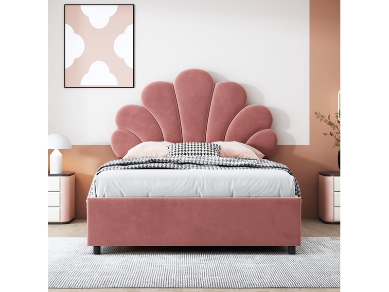  Lit enfant 90x200cm, lit coffre, lit simple, sommier et tête de lit inclus, velours rose, sans matelas  - Conforama E