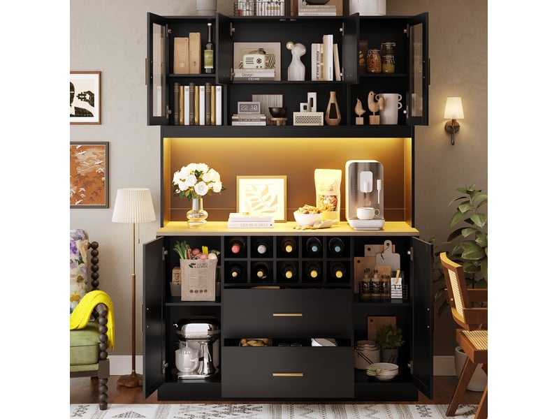  Buffet haut 120 x 36,3 x 180 cm, 6 portes, 2 tiroirs, led et prises noir  - Conforama E