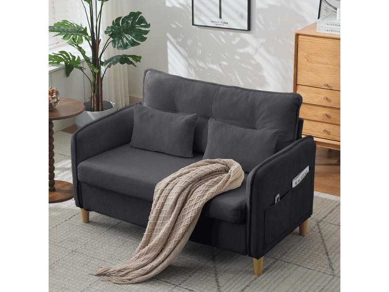  Canapé 2 places compact de 127 cm en tissu chenille gris foncé, avec accoudoirs, coussins inclus et poches latérales  - Conforama D