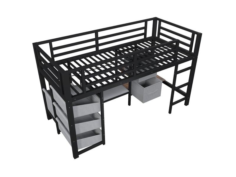  Lit surélevé avec coussin, rangements tissu et led multicolore, métal noir, 90x200 cm, sans matelas  - Conforama D
