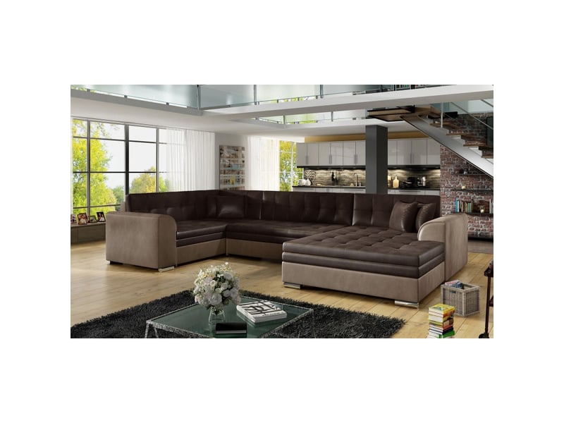  Canapé panoramique convertible caldero 5 places marron – angle droit – 4 coussins  - Conforama E