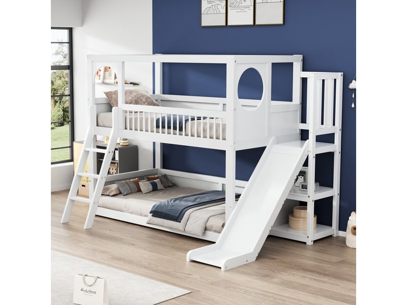  Lit superposé enfant avec toboggan et étagères blanc 90x200 cm sans matelas 0023w  - Conforama B