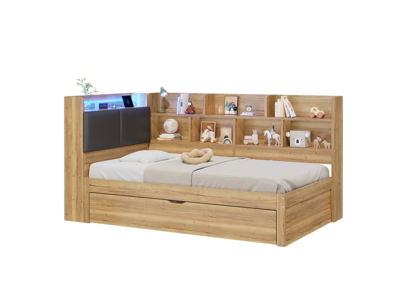 Lit gigogne enfant 90x200 avec rangement, led et ports usb type-c naturel cravdom - Conforama A