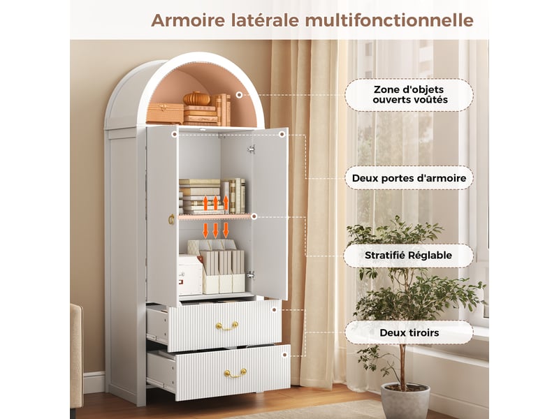  Vaisselier haut 76x38x180 cm, led par application, 2 portes, 2 tiroirs, niche cintrée, façade rainurée, rangement - blanc  - Conforama E