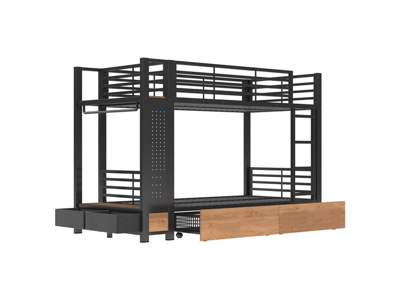 Lit superposé 90 × 200 cm avec 4 tiroirs, étagères, led, panneau perforé et porte-vêtements, sans matelas, noir - Conforama A