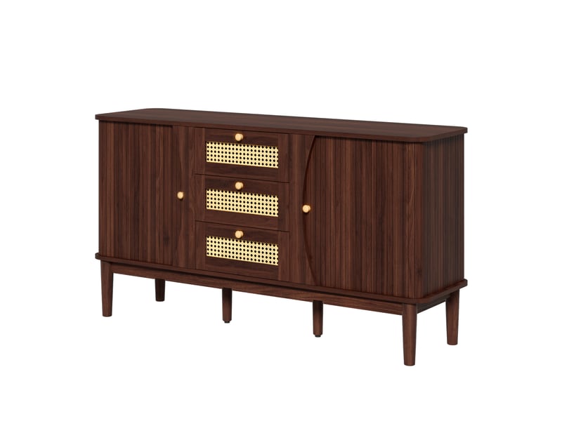  Buffet bas 141 cm en mdf bois foncé et paille, 3 tiroirs, portes coulissantes, rangement pour séjour  - Conforama A