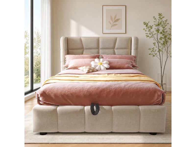  Lit coffre 90x200 cm avec rangement et mécanisme de levage en tissu beige  - Conforama C