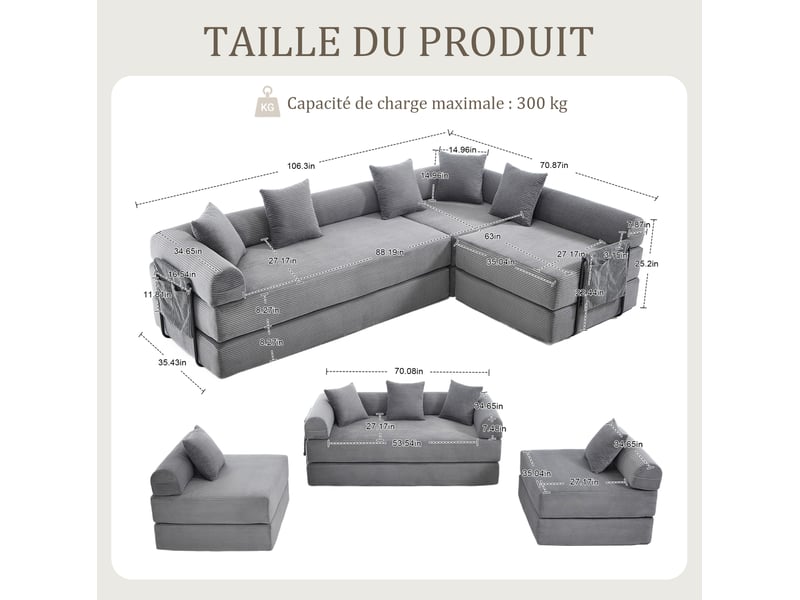  Canapé d'angle 4 places moderne 270x180x64 cm, stockage, poches, modulable à volonté, en velours côtelé, gris foncé  - Conforama C