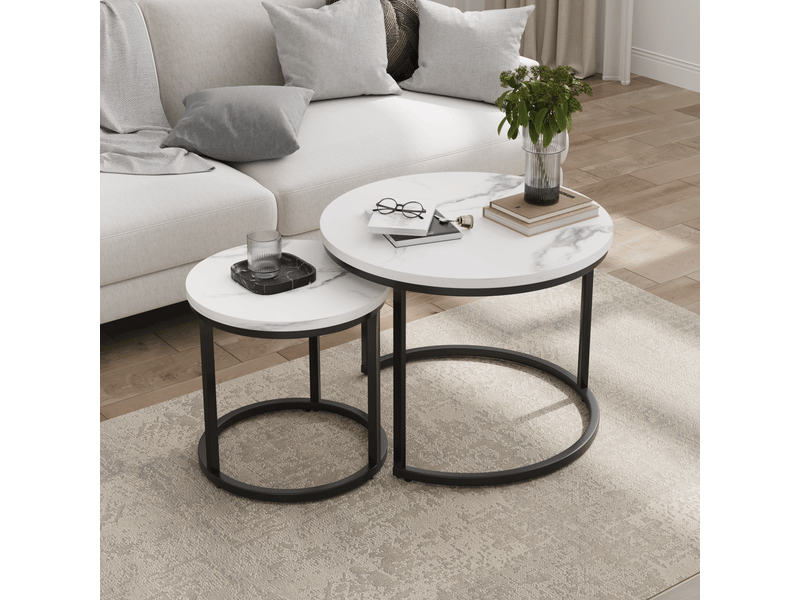  Lot de 2 tables basses gigognes rondes blanches en panneaux de particules et fer  - Conforama B