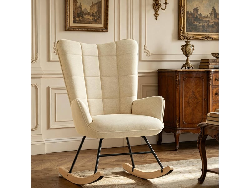  Fauteuil à bascule ergonomique avec dossier haut, accoudoirs et assise rembourrée, style nordique en velours beige  - Conforama C