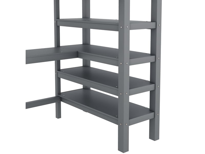 Lit mezzanine enfant 200×90 cm avec bureau, étagères et garde-corps, sans matelas, en pin et mdf gris - Conforama E