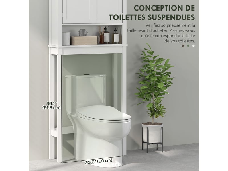  Meuble wc dessus de toilette meuble machine à laver meuble salle de bain placard 2 portes réglables étagères blanc  - Conforama R