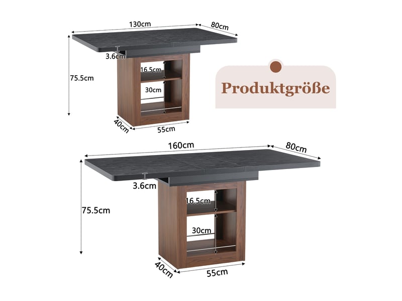 Table à manger extensible noire avec rangement, finition effet bois et piètement couleur noyer, 130-160 cm - Conforama C