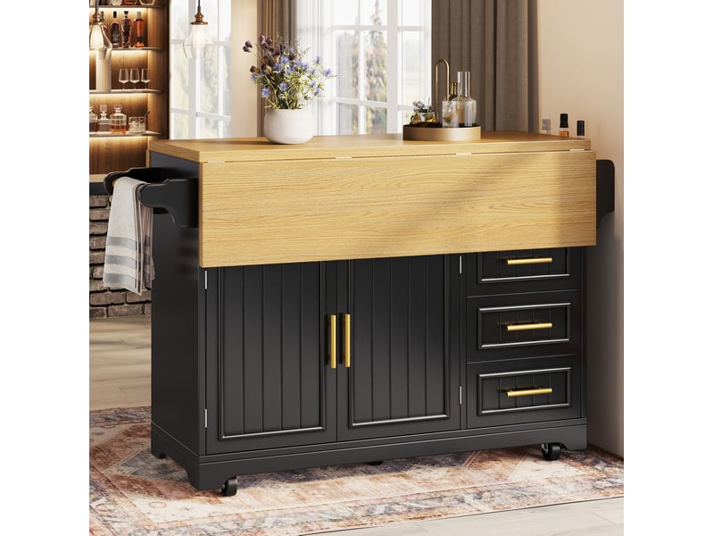  Îlot de cuisine 120x40x95 cm à roulettes avec plateaux rabattables noir  - Conforama D