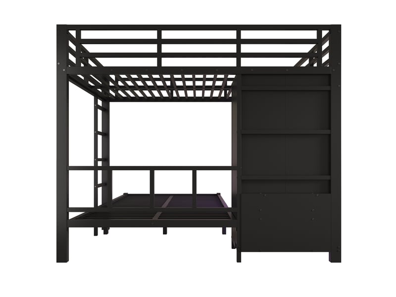  Lit superposé en métal 120 x 200 cm, noir, avec 2 couchages, échelle droite, penderie intégrée et éclairage led.  - Conforama E
