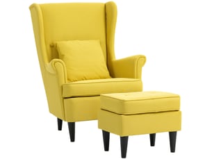 Fauteuil à oreilles avec repose-pieds, fauteuil rembourré avec pieds en bois d'hévéa, revêtement en tissu, jaune