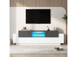 Meuble tv led 180 cm pour 80 pouces avec rangements - banc tv gaming led blanc et gris effet marbre