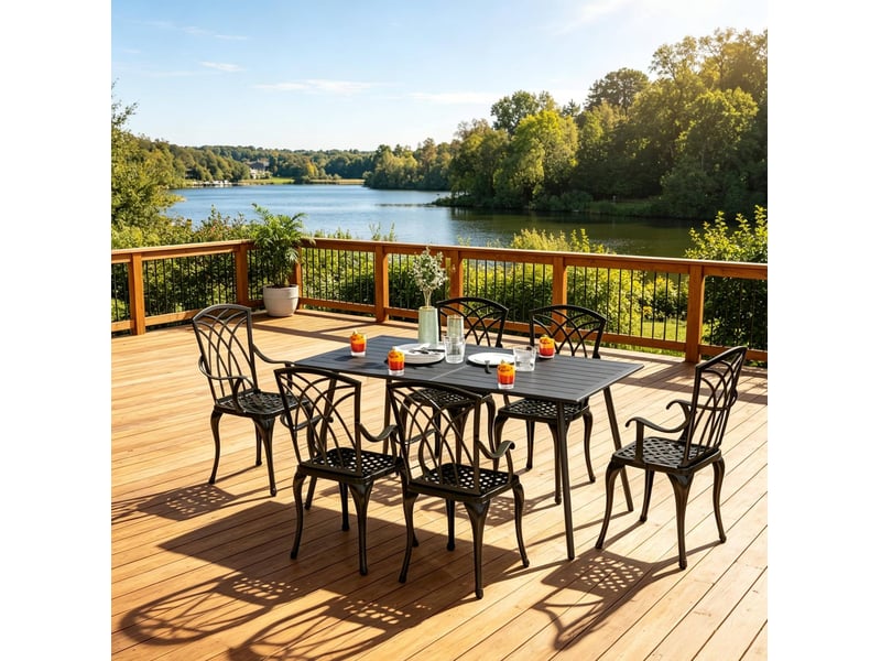 Table de jardin 150x80x74 cm grise en acier, 6 personnes avec plateau rainuré résistant aux intempéries - Conforama E