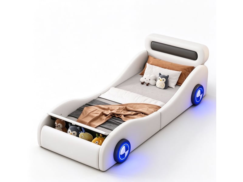  Lit voiture enfant 90 x 200 cm avec lit rembourré, roues lumineuses, rembourrage épais, garde-corps rembourré, similicuir, blanc Morn Vibe - Conforama A