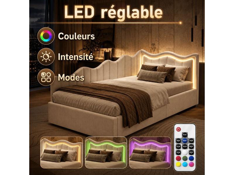 Lit enfant 90x200 cm avec rangement, lit coffre avec sommier, led, canapé lit, lit simple, cadre de lit hydraulique, velours, beige - Conforama W