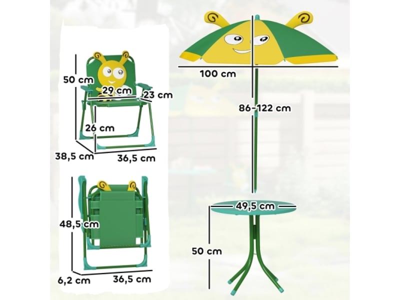 Ensemble mobilier jardin enfant, table, chaises, parasol, design abeille, vert et jaune - Conforama C