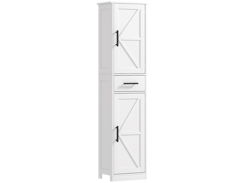  Meuble de salle de bain haut et étroit, style rustique, 40 x 30 x 170 cm, blanc, avec 2 portes, 1 tiroir et 2 étagères réglables  - Conforama A