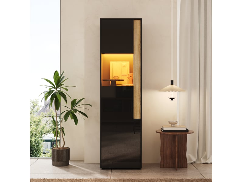  Vitrine haute 50x40x179 cm avec led réglable noir et bois naturel  - Conforama D