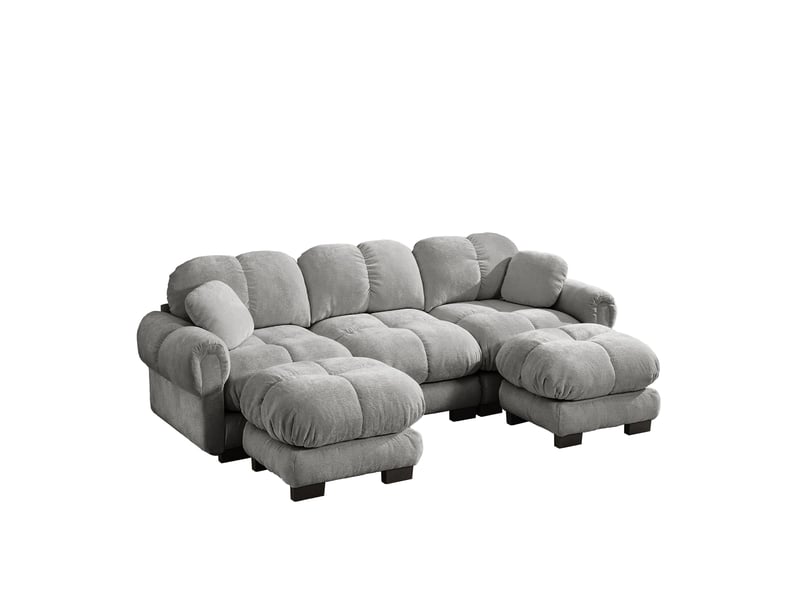 Canapé modulable 3 places 260 cm canapé droit en tissu chenille avec 2 pouf mobile, design matelassé, coussins épais, dossier ergonomique, gris clair Seren Glow - Conforama A