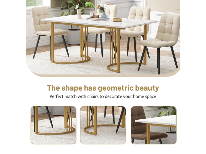 Ensemble repas 5 pièces, table motif marbre en mdf avec pieds métal réglables, 4 chaises velours, blanc+noir  - Conforama W